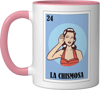 Taza de cerámica La Chismosa diseño mexicano rosa/blanco