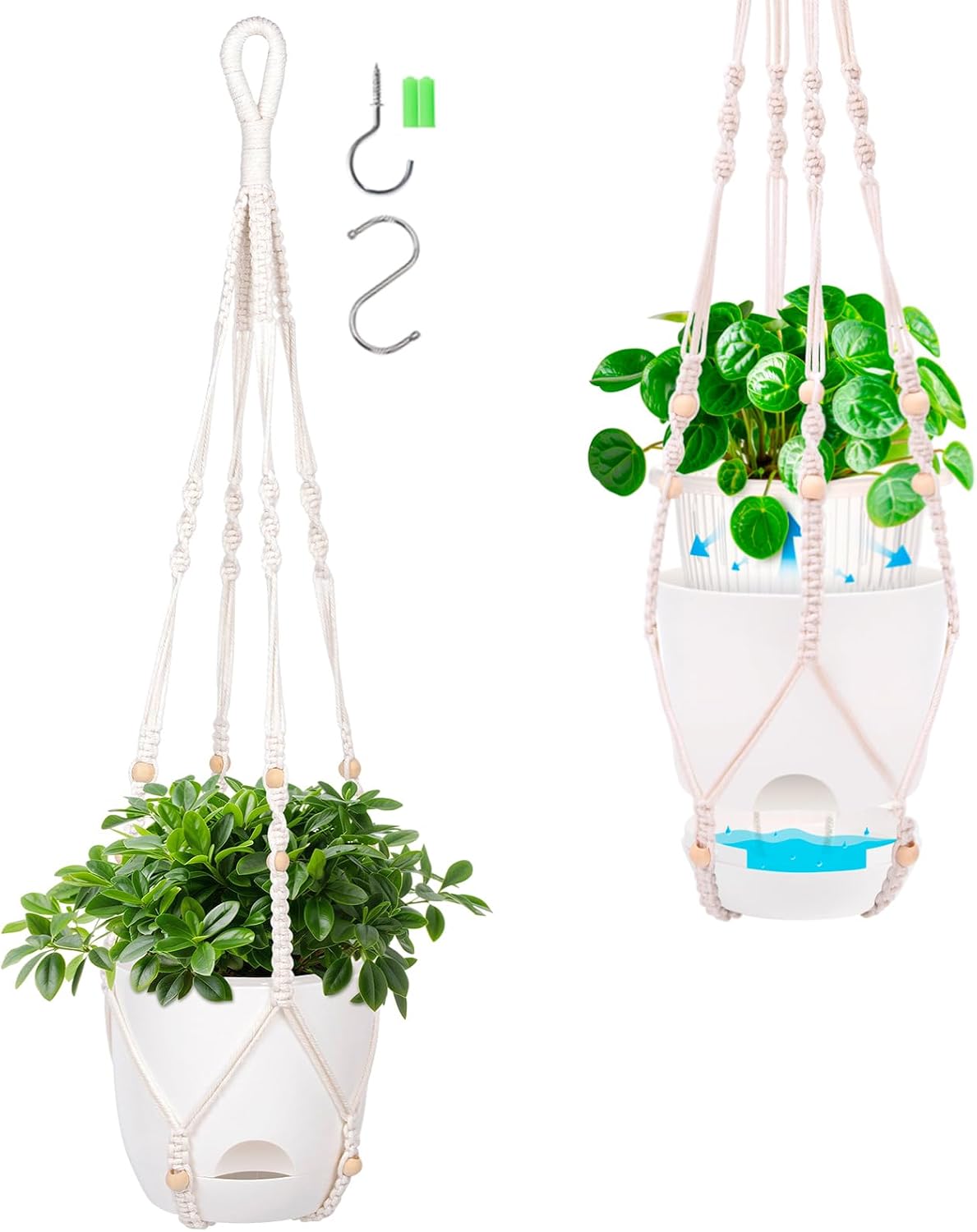 2 Macetas Colgantes Riego Automático 5.7pulg Macramé 34pulg Drenaje