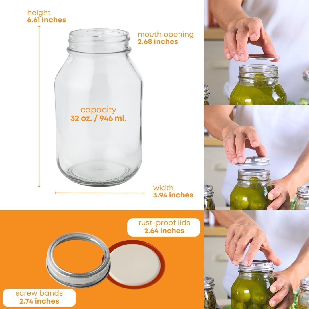 Tarros Mason 32oz set 6 con tapas metal herméticas