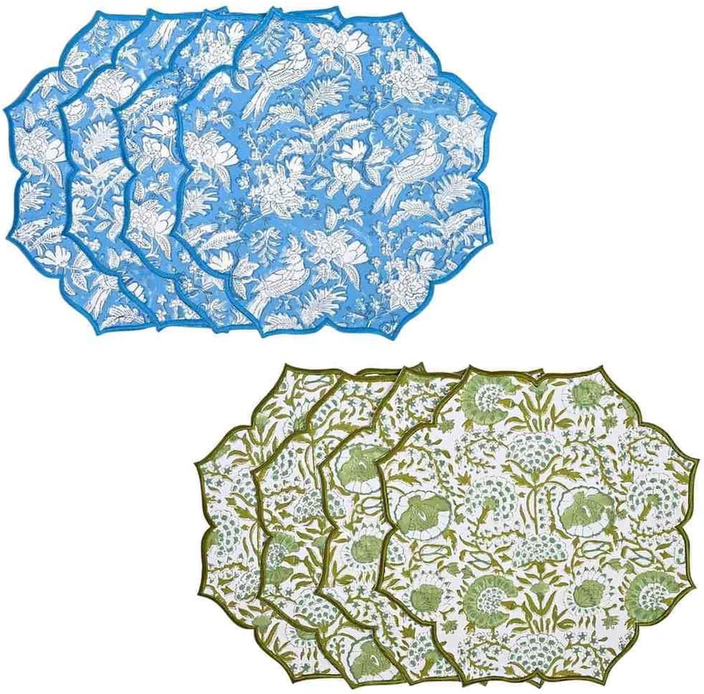 Set 8 manteles algodón doble capa bordado 15x15pulg azul y verde