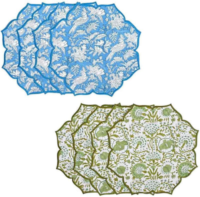 Set 8 manteles algodón doble capa bordado 15x15pulg azul y verde