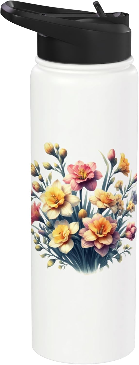 Botella de agua acero inoxidable aislada flores daffodil mes marzo