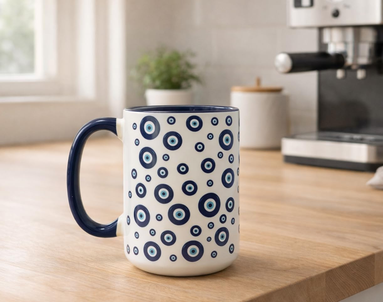 Taza de café Mugzan con patrón mal de ojo cerámica 15 oz mango azul
