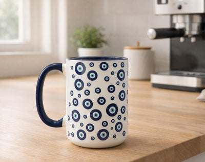Taza de café Mugzan con patrón mal de ojo cerámica 15 oz mango azul