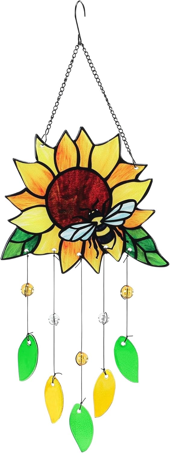 Atrapasoles vitral girasol 20x8pulg pintado a mano