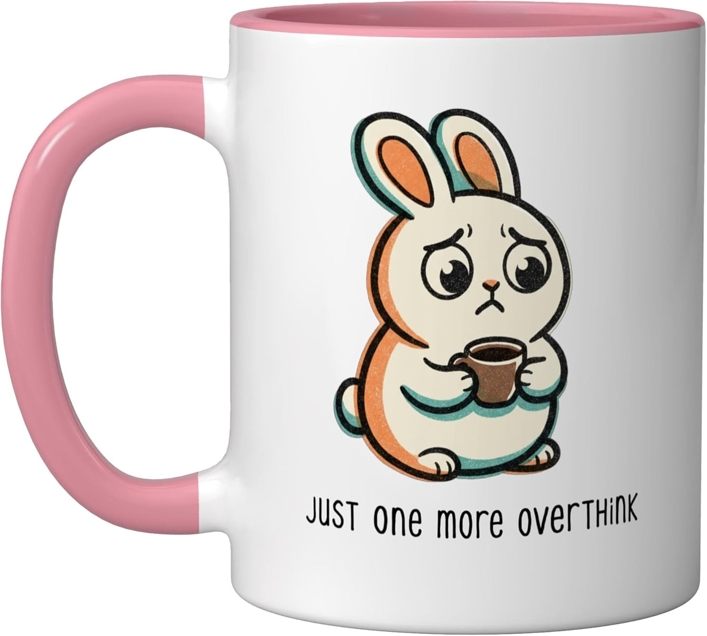Taza de café cerámica con diseño de conejo triste introvertido rosa/blanco