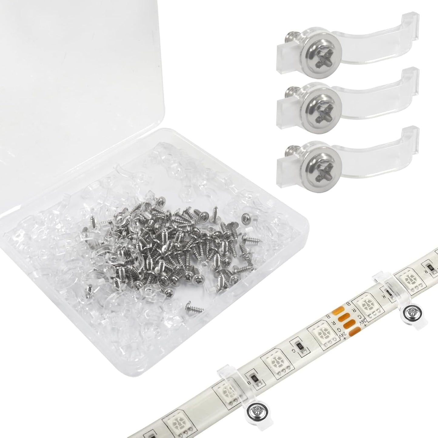 Set 100 soportes tira LED IP65 con clips transparentes
