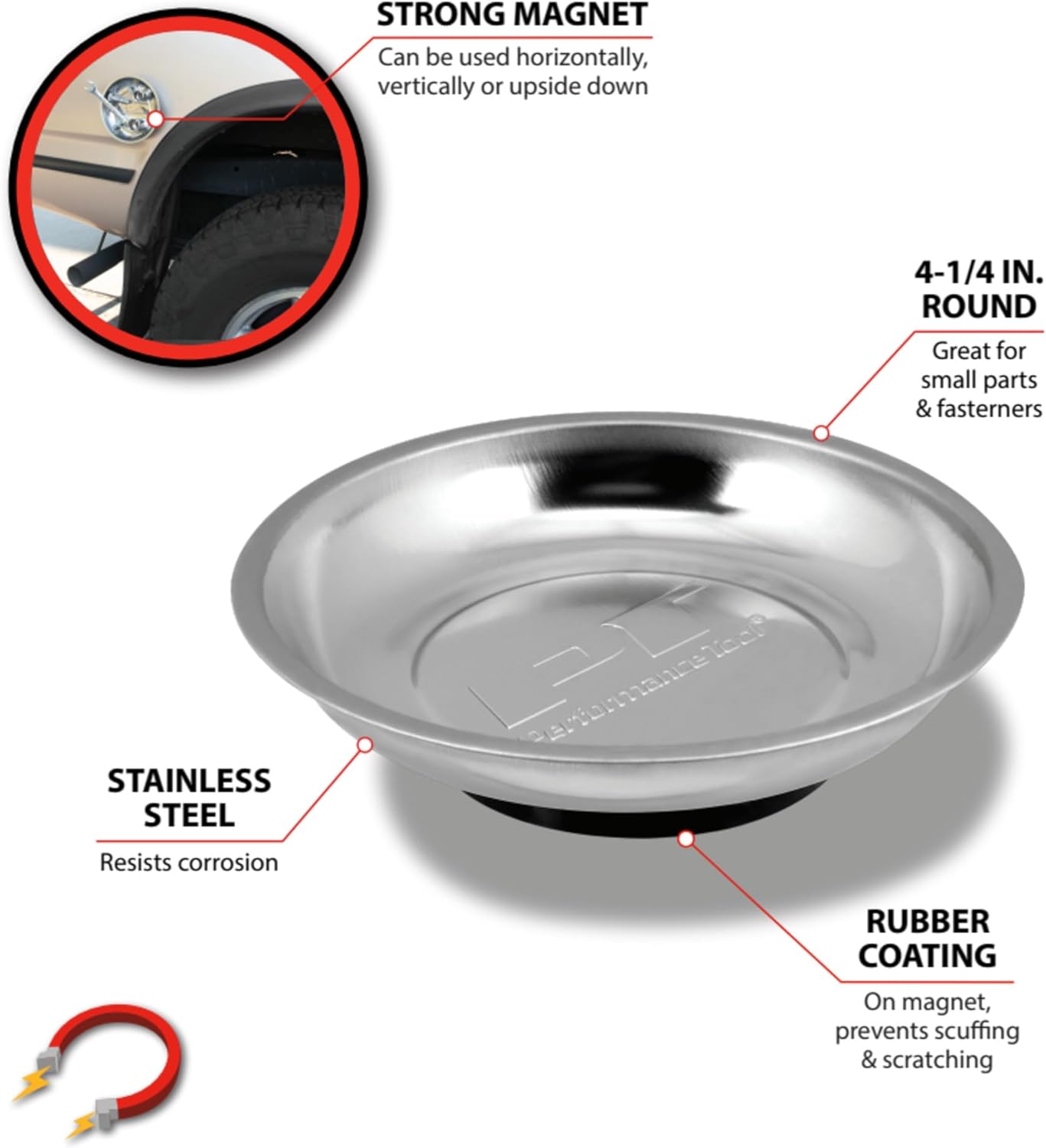 Bandeja magnética para piezas 4-1/4 pulg con respaldo goma