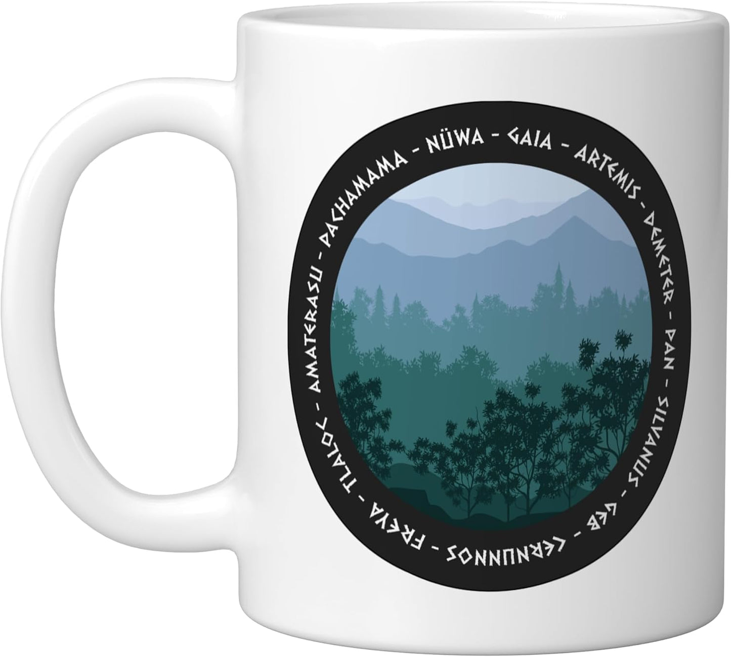 Taza de cerámica con símbolos de dioses y diosas de la naturaleza