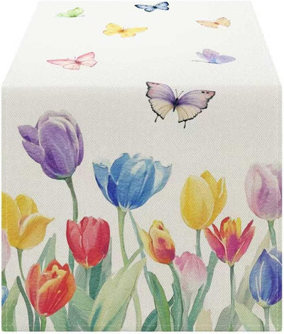 Camino de mesa floral tulipanes coloridos para primavera verano mariposa
