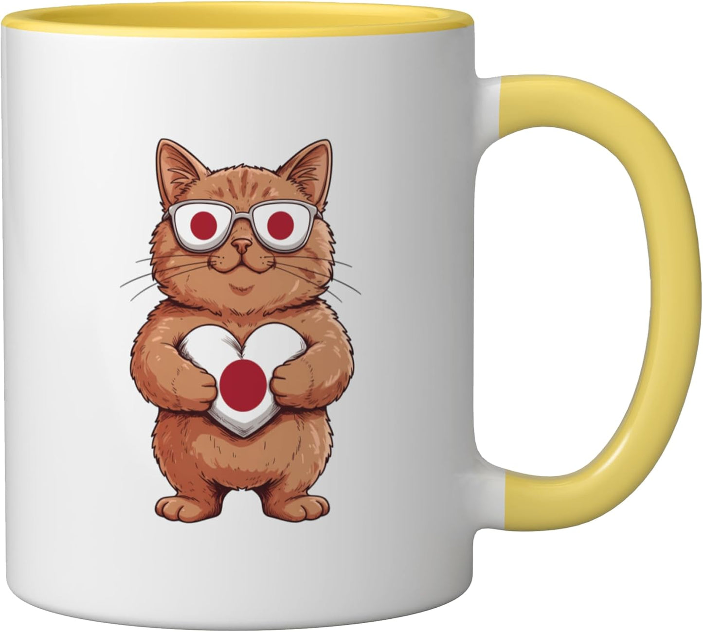 Taza Cerámica Japón con Bandera Gato Amarillo Blanco