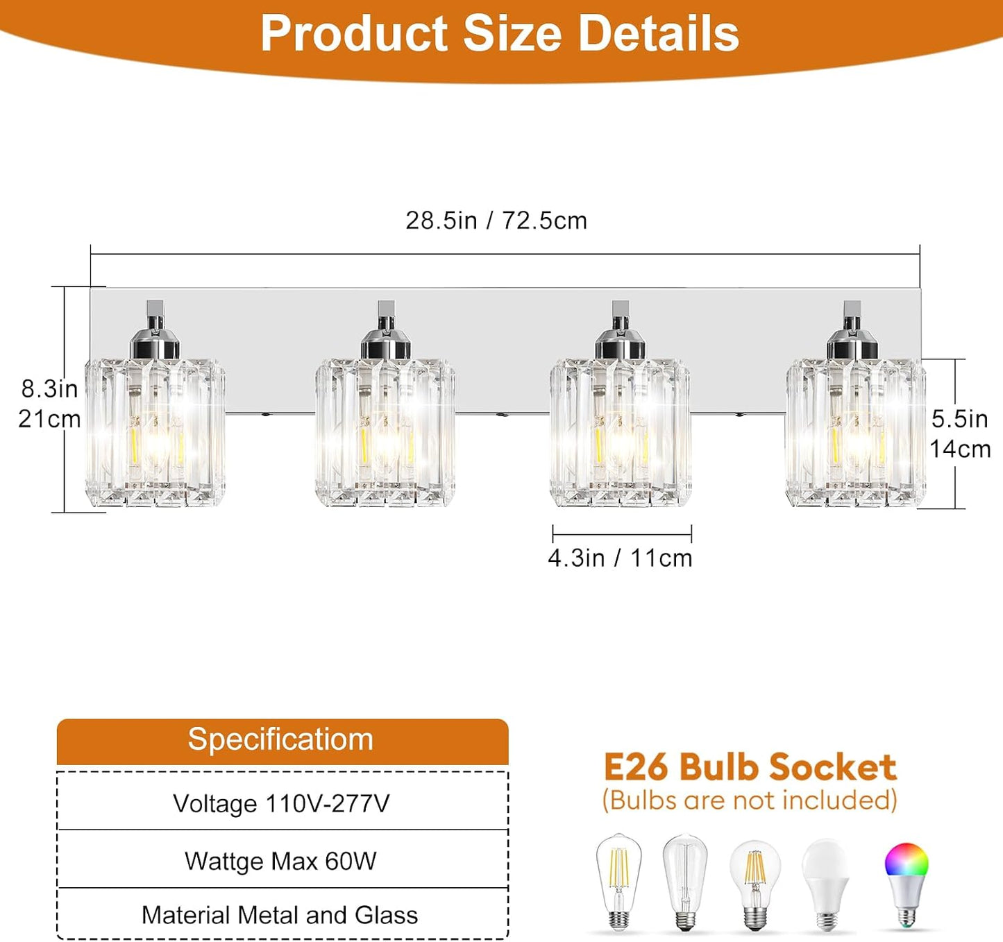 Lámpara baño cristal cromado 4 luces modernas aplique pared