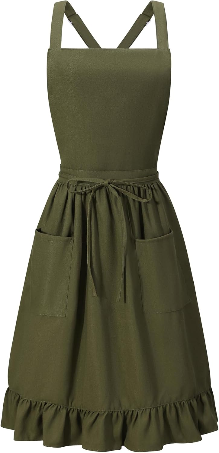 Delantal vintage para mujer con bolsillos verde oliva