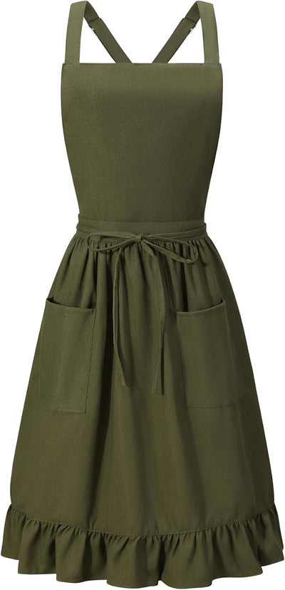 Delantal vintage para mujer con bolsillos verde oliva