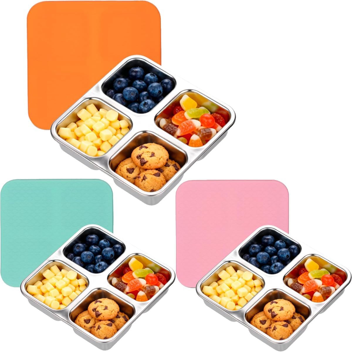 Pack de 3 recipientes de snack de acero inoxidable con tapa