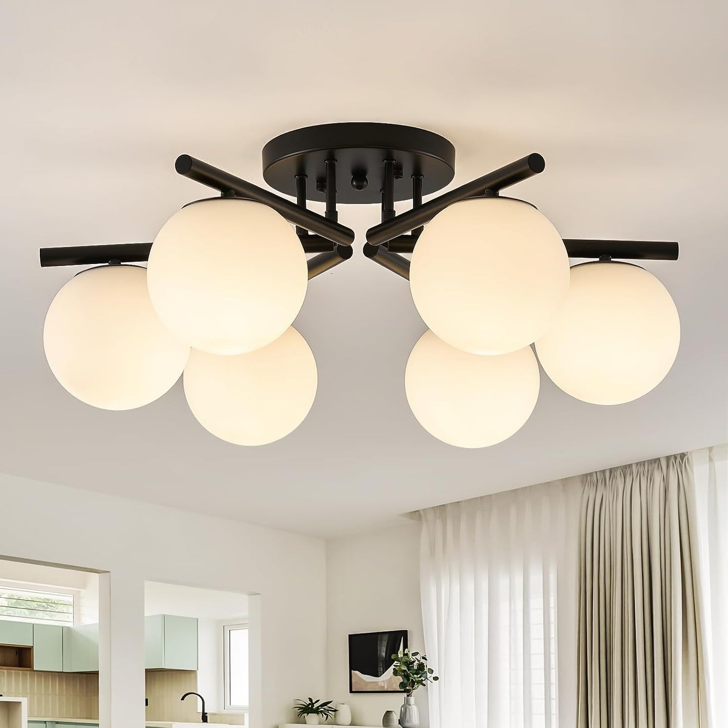 Lámpara techo 6 luces globos vidrio leche moderna negra