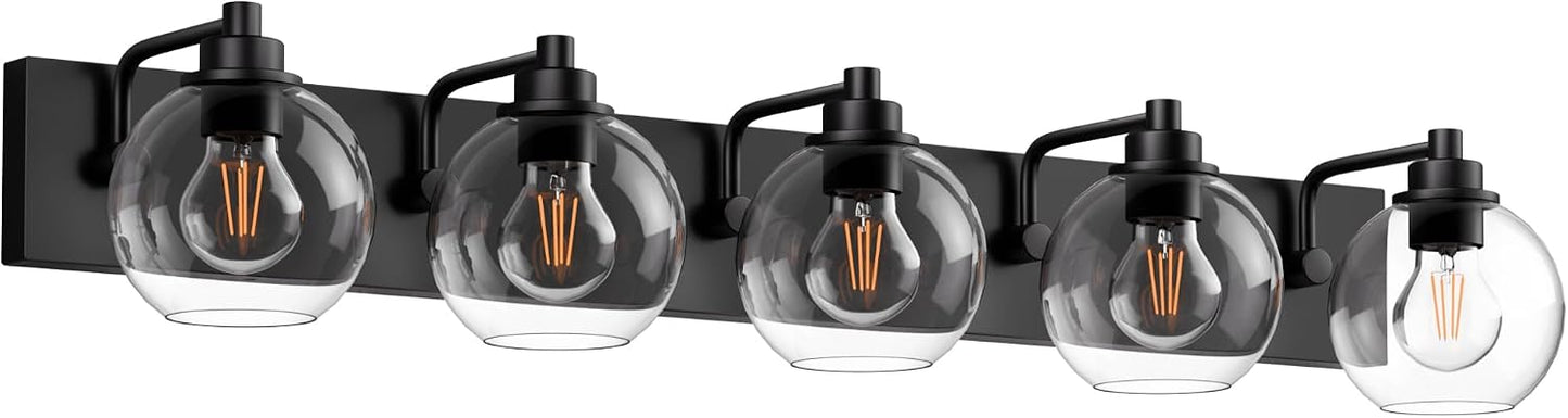 Lámpara baño 5 luces negro mate con pantalla vidrio transparente