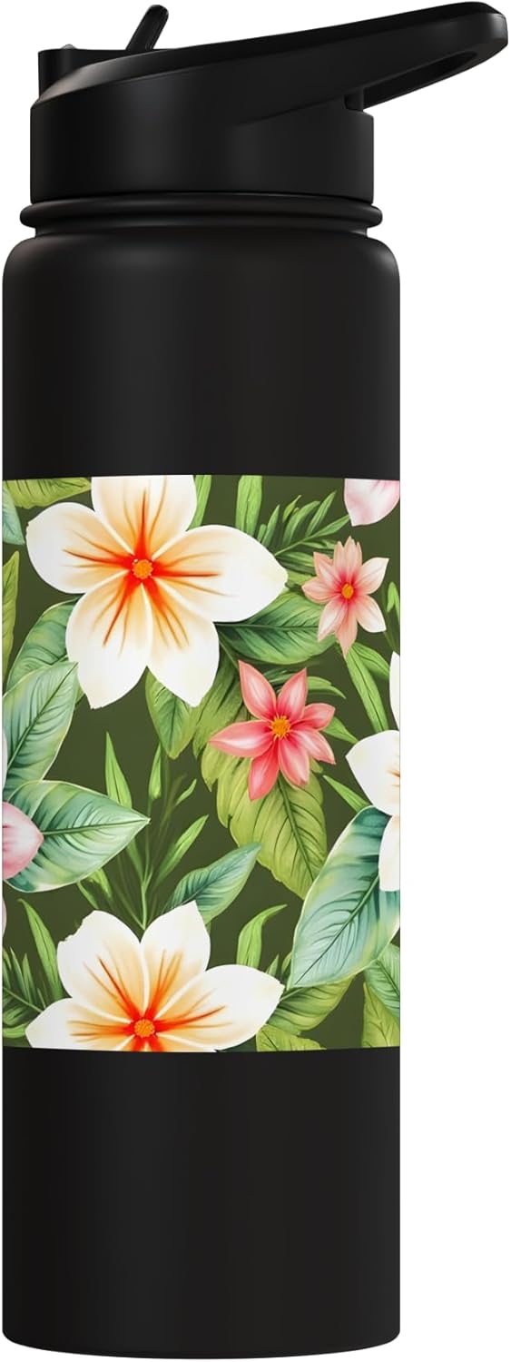 Botella agua acero inox aislada ilustración flores tropicales