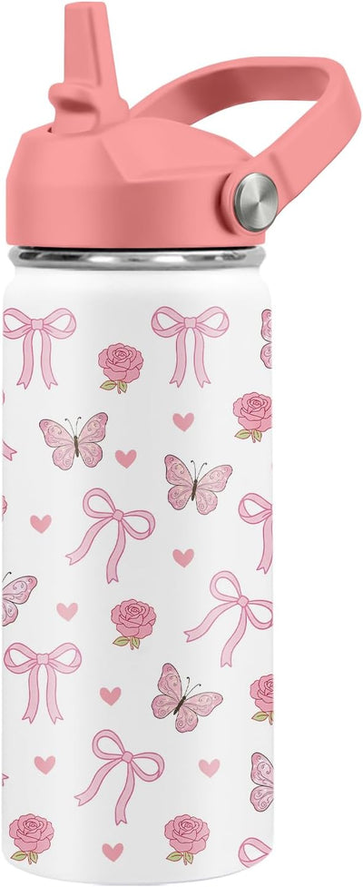 Botella de agua aislada para niños con pajilla y lazo rosa