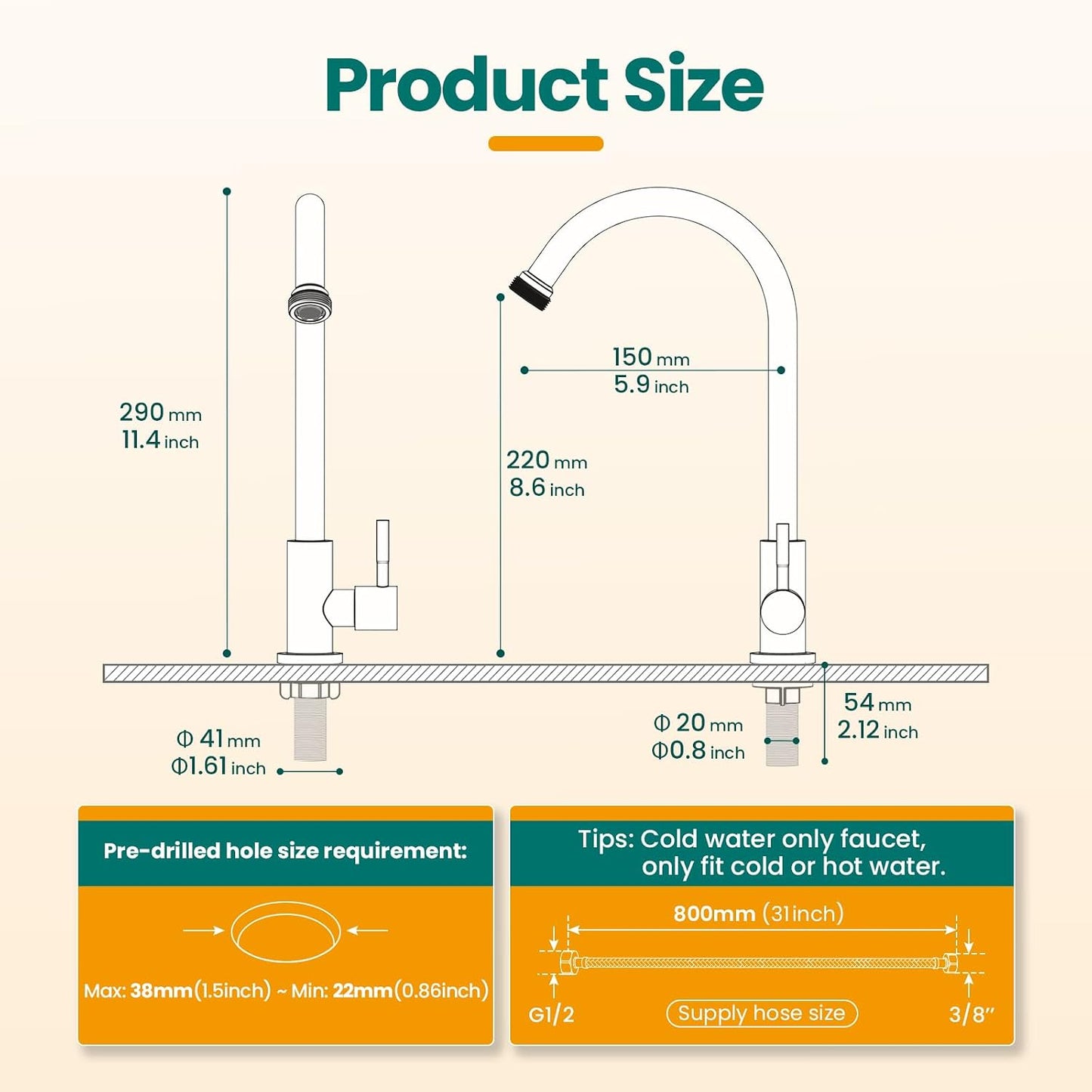 Grifo agua fría acero inox negro mate arco alto adaptador jardín