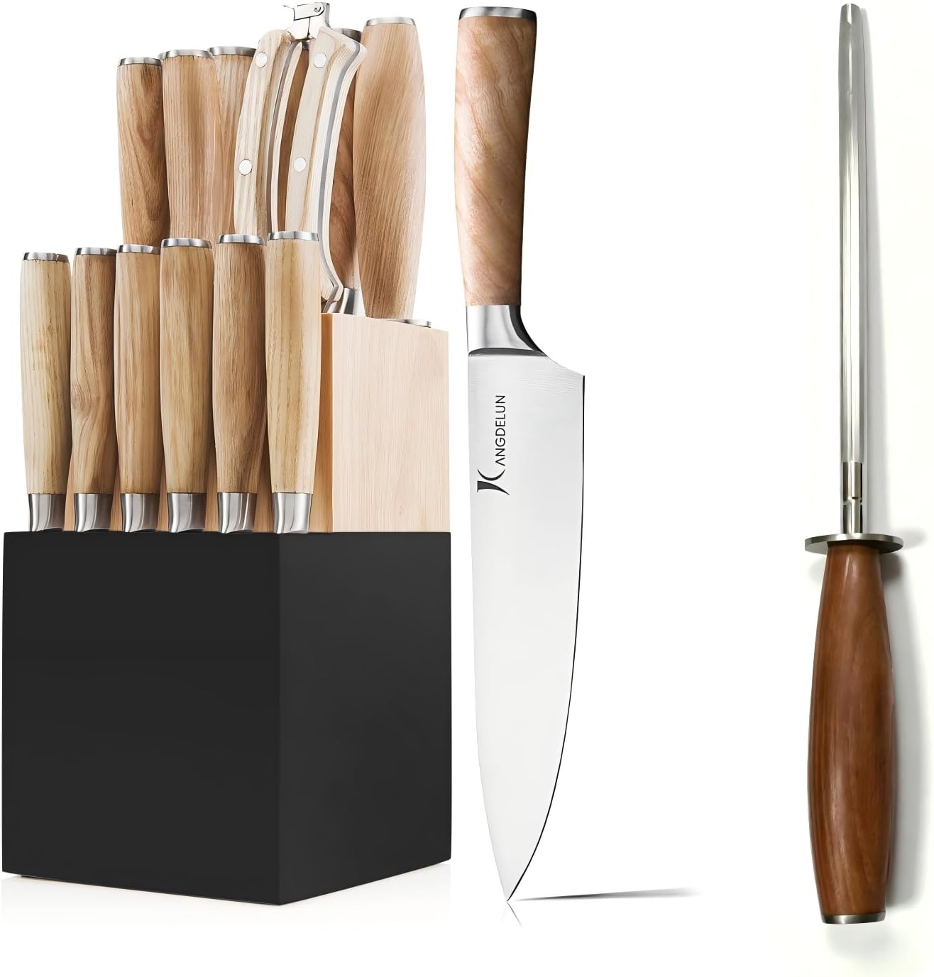 Juego de cuchillos Natura con afilador y mango de madera