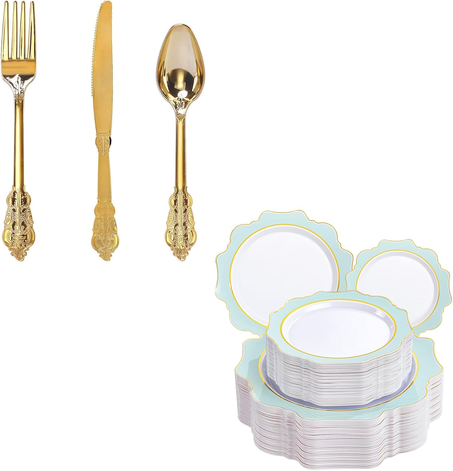 Set 400 Pzas Cubiertos Plástico Oro y Plato Plástico Verde Menta