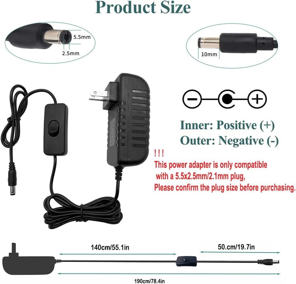 Adaptador de corriente 12V 2A con cable 6.2ft y enchufe 5.5x2.5mm