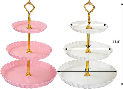 2 Soportes Plástico Cupcakes 3 Niveles Torre Postres Rosa Blanco