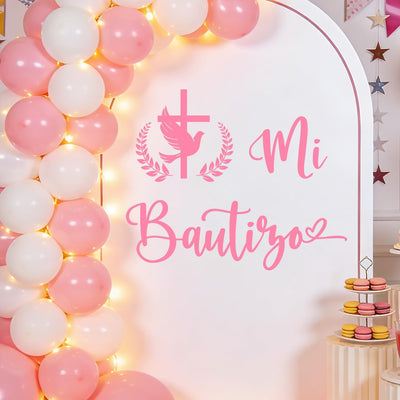Adhesivo telón bautizo diseño Dios bendiga ra comunión rosa