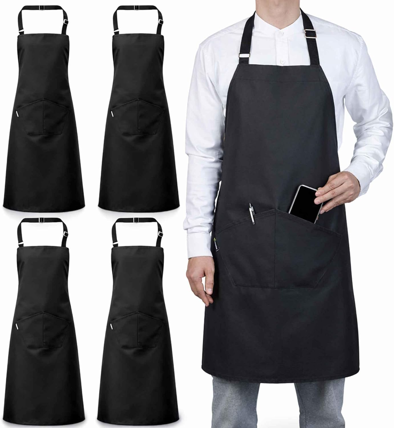 Set 4 Delantal Cocina Algodón con Bolsillos Ajustable Negro