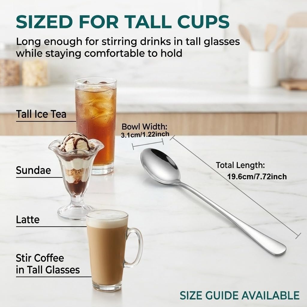 Cuchara de té helado largo de 7.7 pulgadas acero inoxidable para café y cócteles