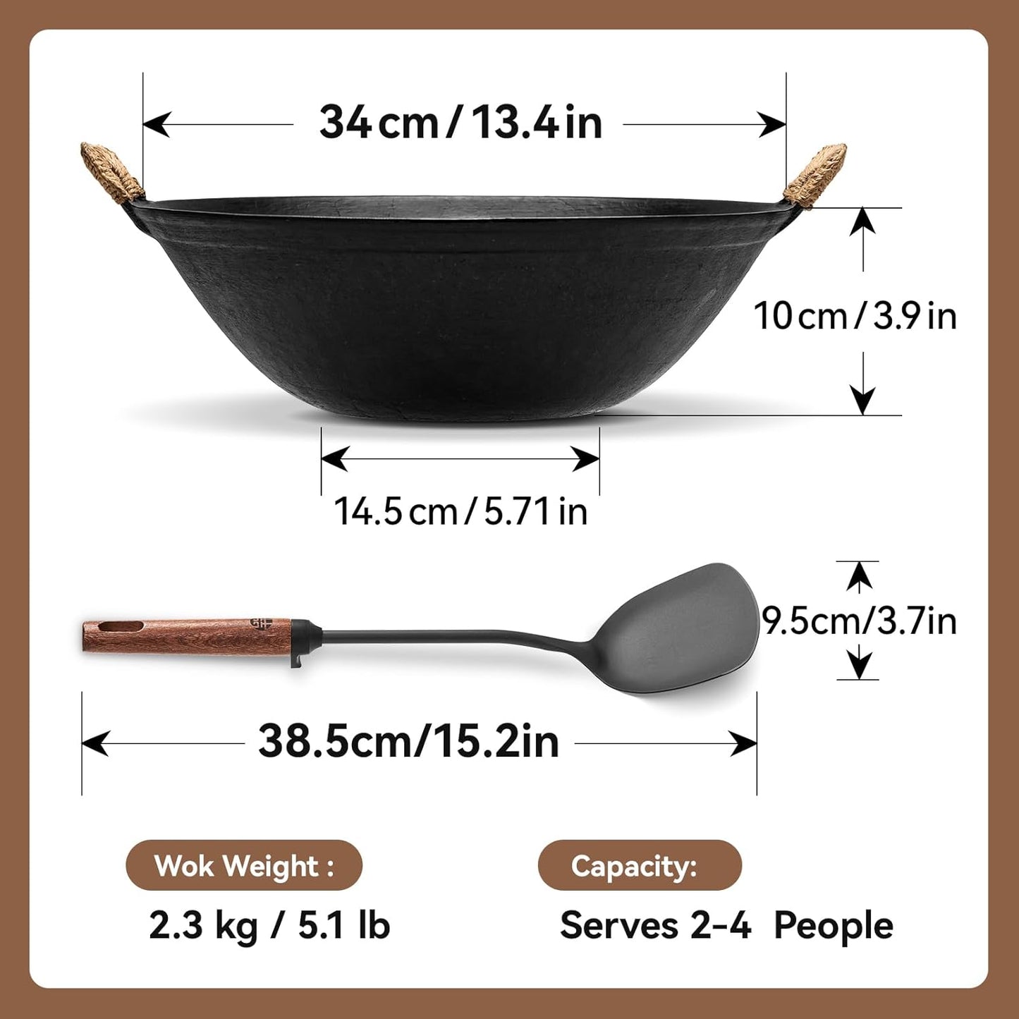 Sartén Hierro Fundido 13.4 Pulg con Tapas de Madera y Espátula