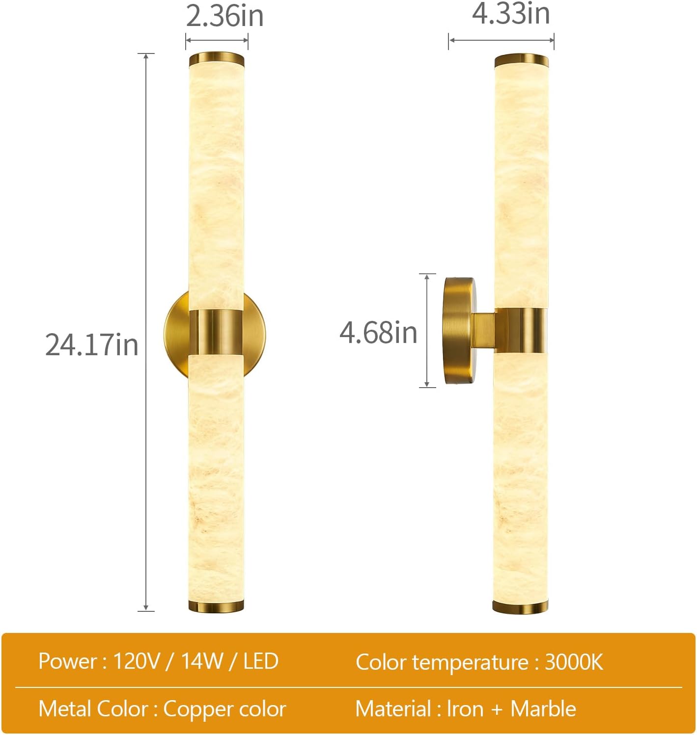 2 Apliques Pared Alabastro 24pulg LED Dorado Sala Dormitorio