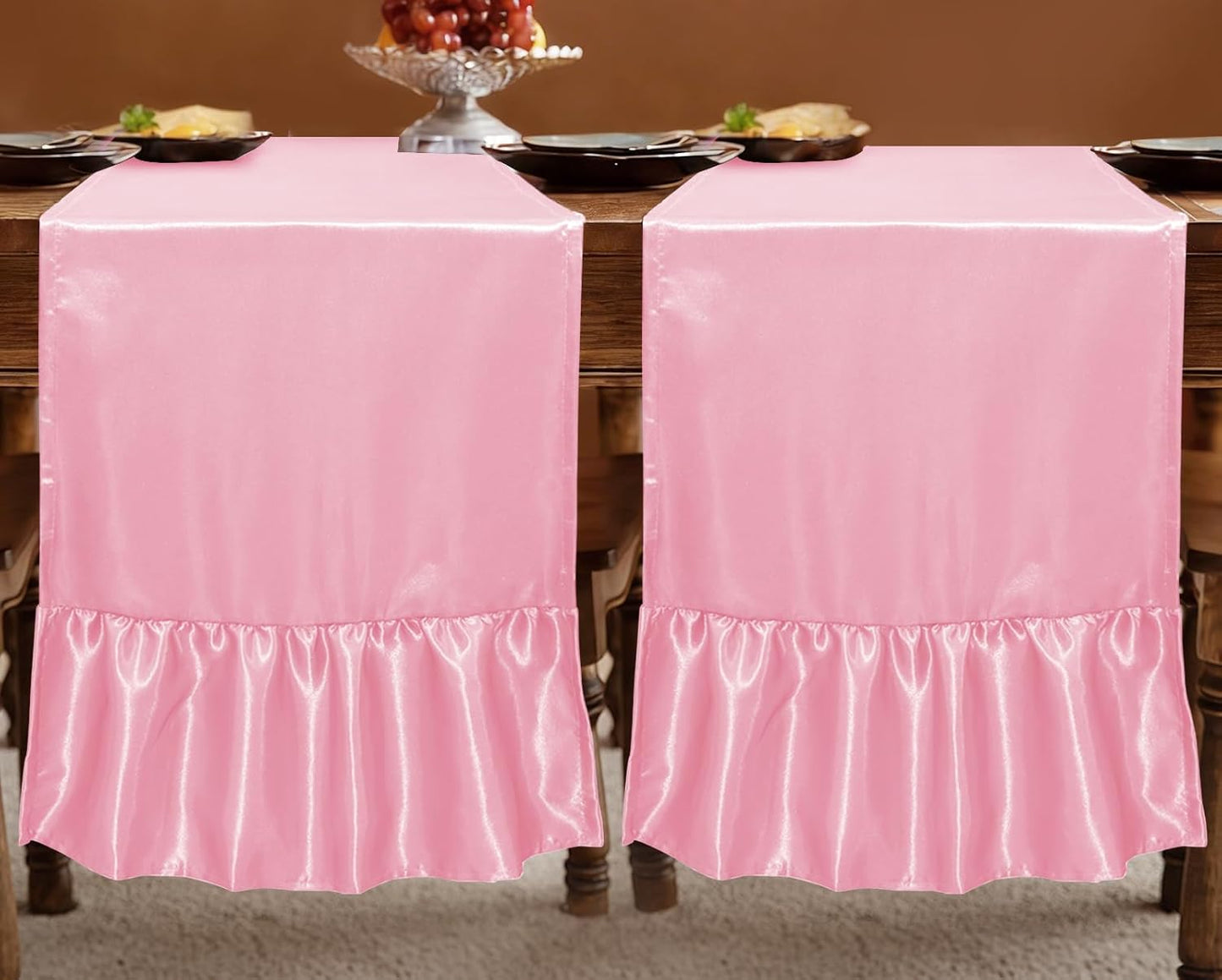 Paquete de 2 caminos de mesa de satén rosa con volantes para fiestas
