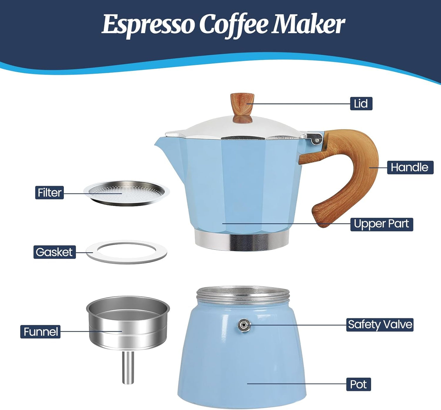 Cafetera Moka Aluminio 15.2oz 6 Tazas Azul