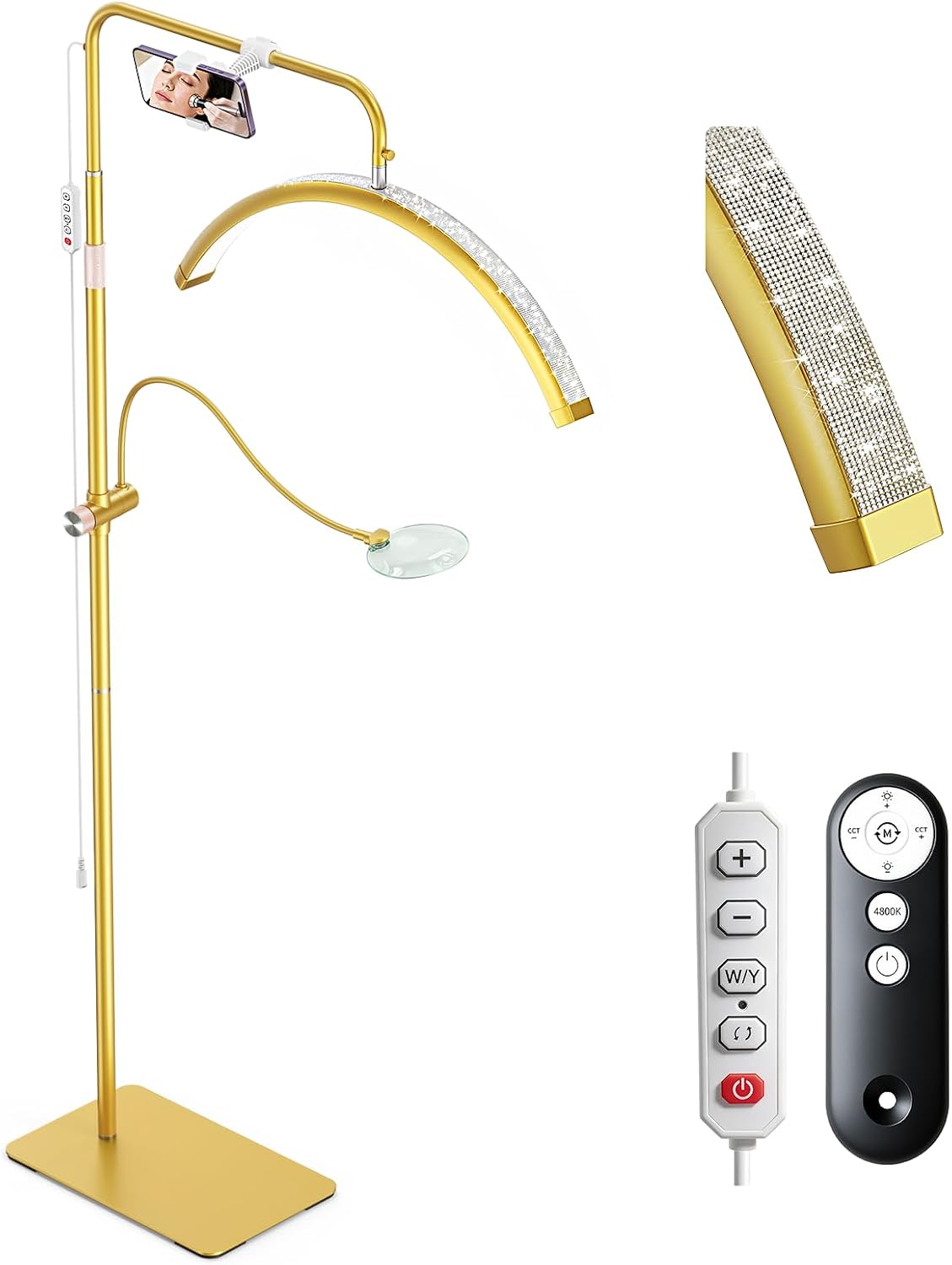 Lámpara pestañas con diamantes 2 lupas soporte teléfono ajustable