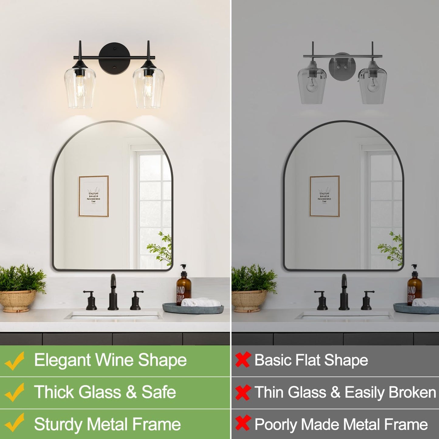 Lámpara baño 2 luces negras vidrio transparente moderna