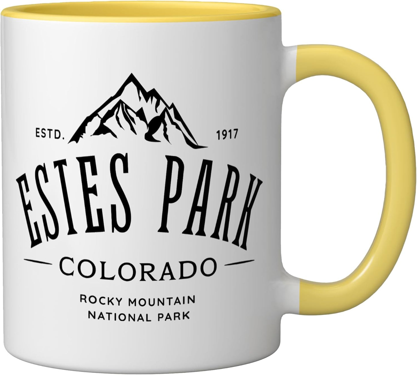 Taza cerámica Estes Park Colorado Diseño Montañas Rocosas Amarillo/Blanco