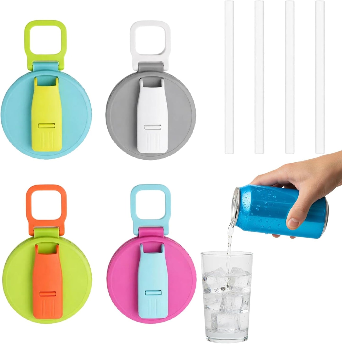 Paquete de 4 tapas para latas de refresco con pajilla reutilizable a prueba de fugas