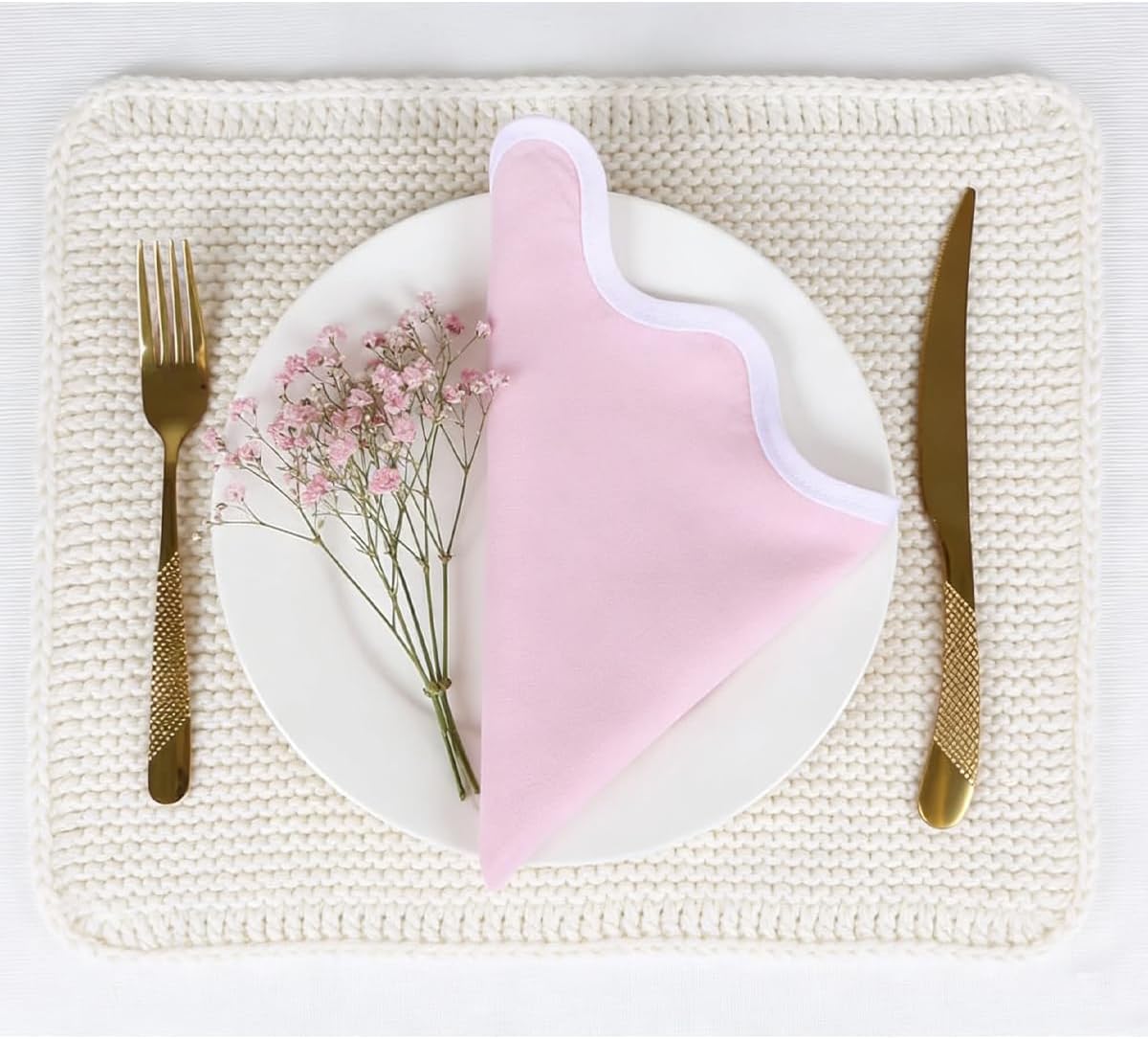Set 8 Servilletas Lino Rosa Blanco 17pulg Hechas a Mano