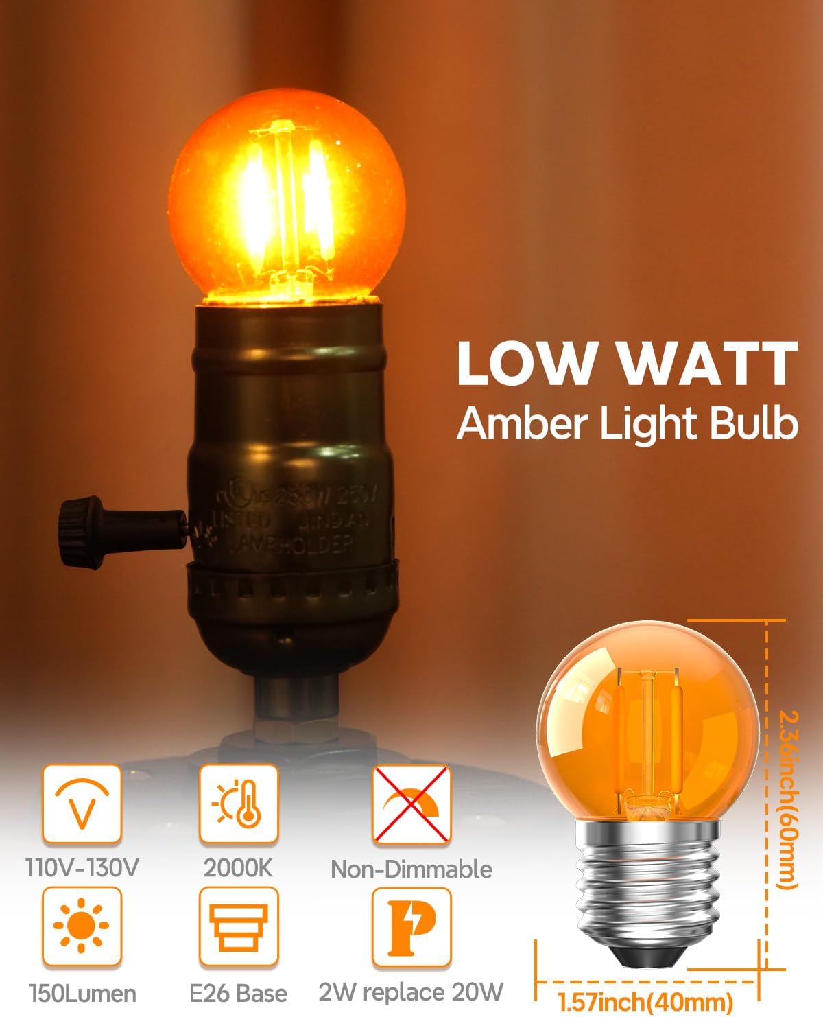 Bombilla LED G40 E26 ámbar 2000K luz cálida paquete 4
