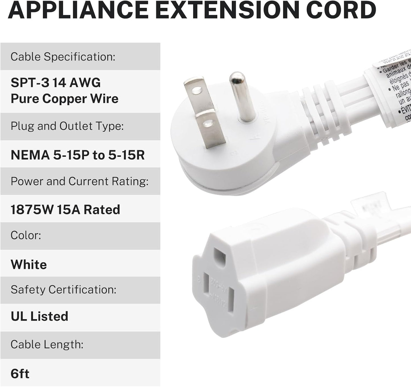 Cable extensión electrodomésticos 6ft alta resistencia blanco