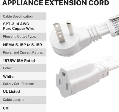 Cable extensión electrodomésticos 6ft alta resistencia blanco