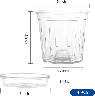 Maceta orquídea 5pulg con platillo set 4 transparente drenaje