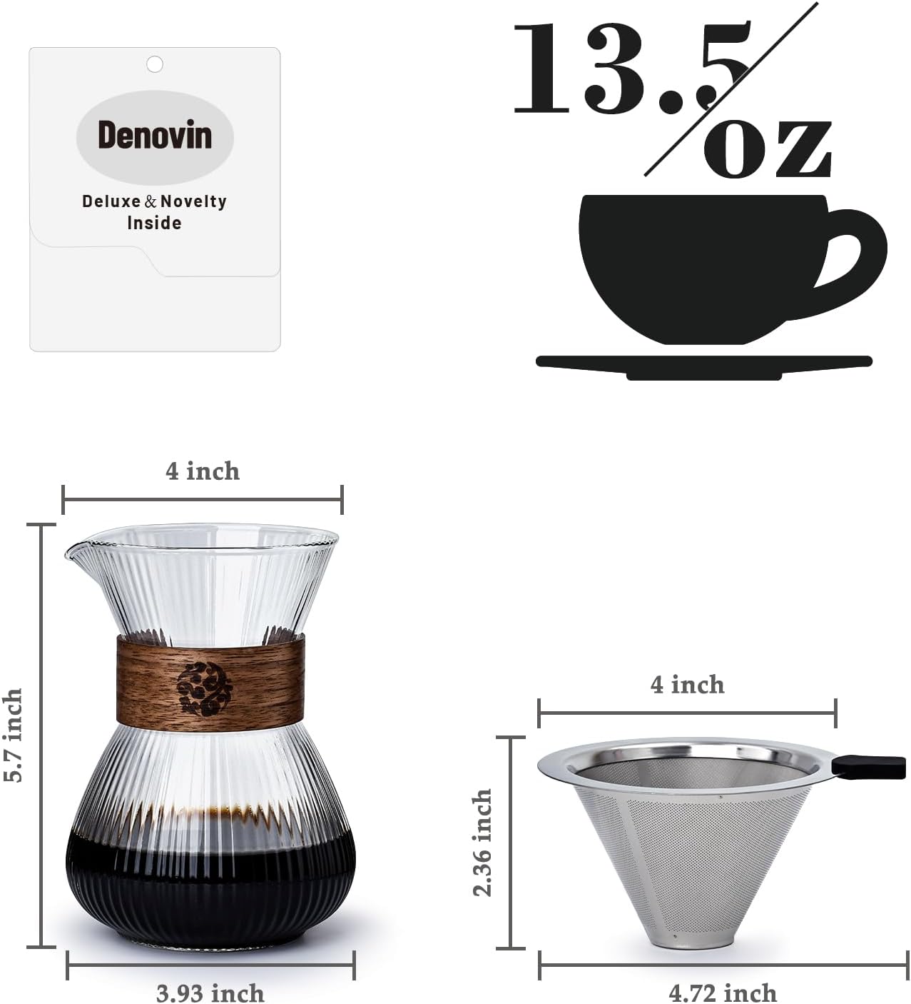 Cafetera Vertida 14oz Jarra Vidrio Forma V Cuello Madera