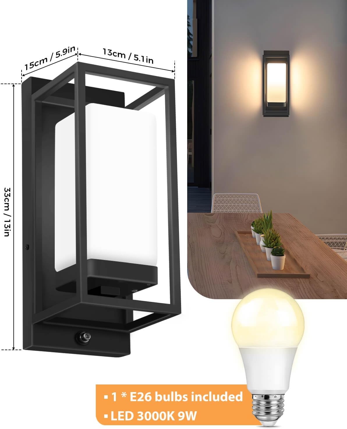 Lámpara pared exterior sensor atardecer amanecer bombilla LED E26