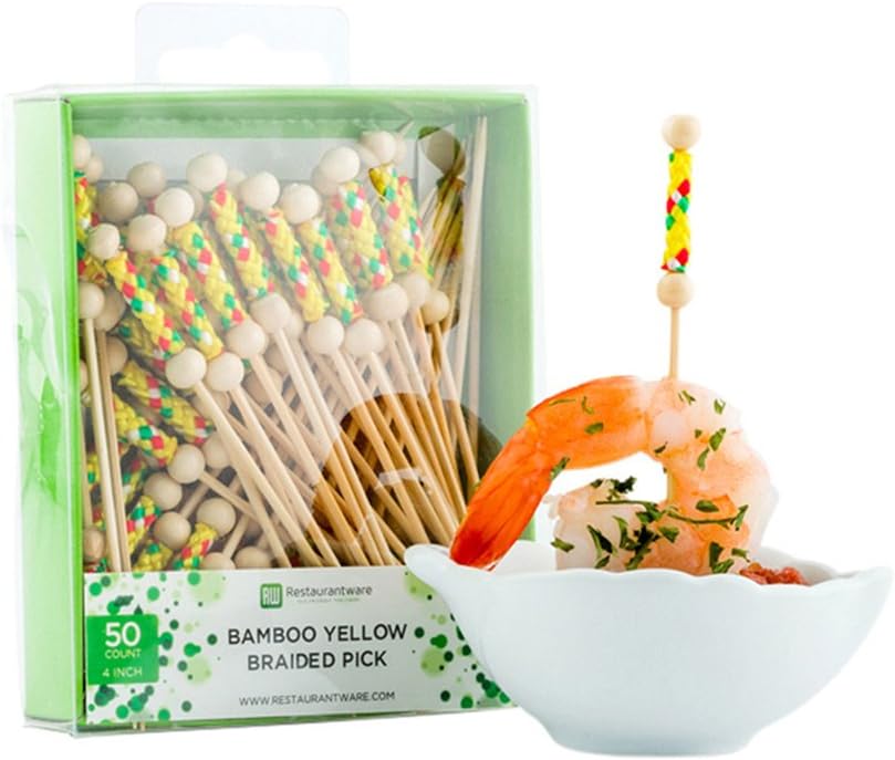 Púas cóctel 4pulg brochetas frutas trenzadas bambú amarillo