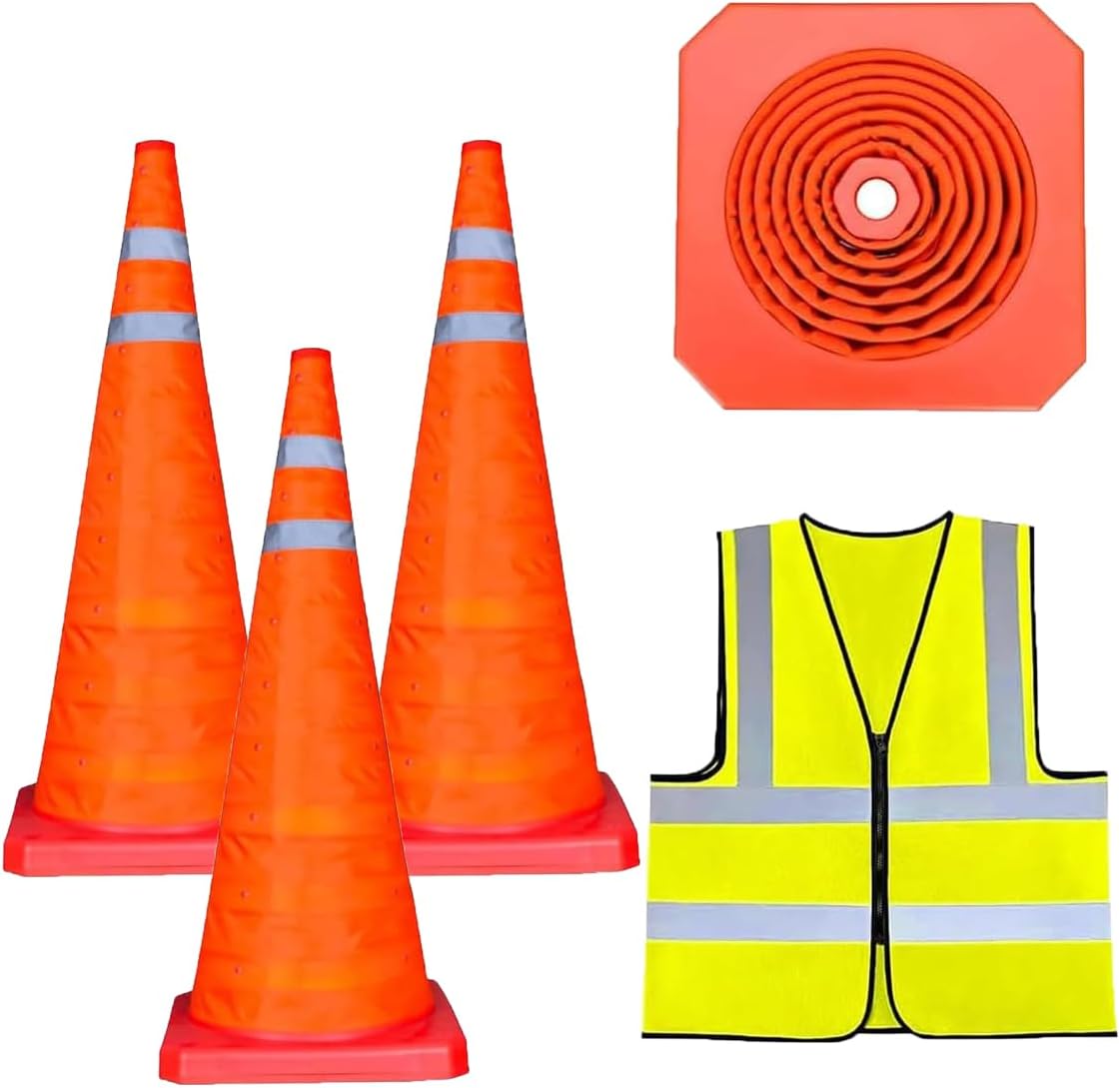 3 Conos Plegables 18pulg con Chaleco Reflectante Seguridad Vial