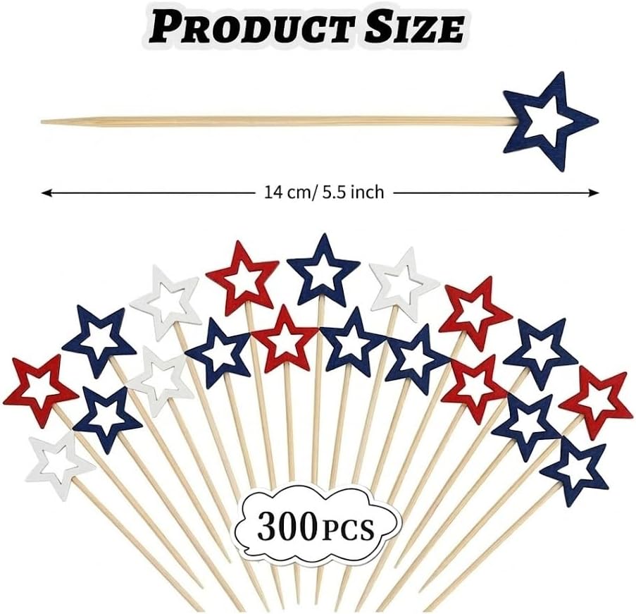 300 Pzas Palillos Bambú 5pulg Estrellas Rojas Blancas Azules