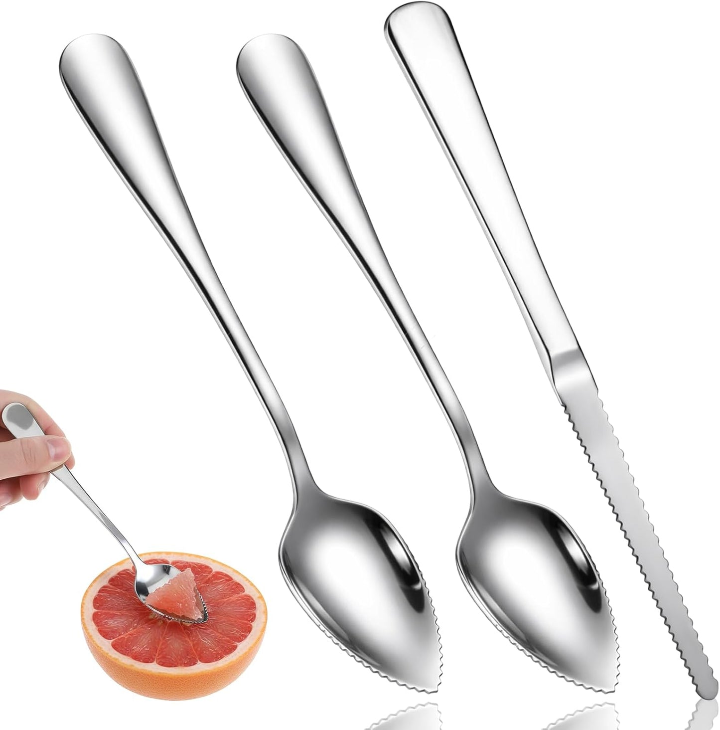 Juego de 3 cucharas y cuchillos para cítricos de acero inoxidable con plata dentada